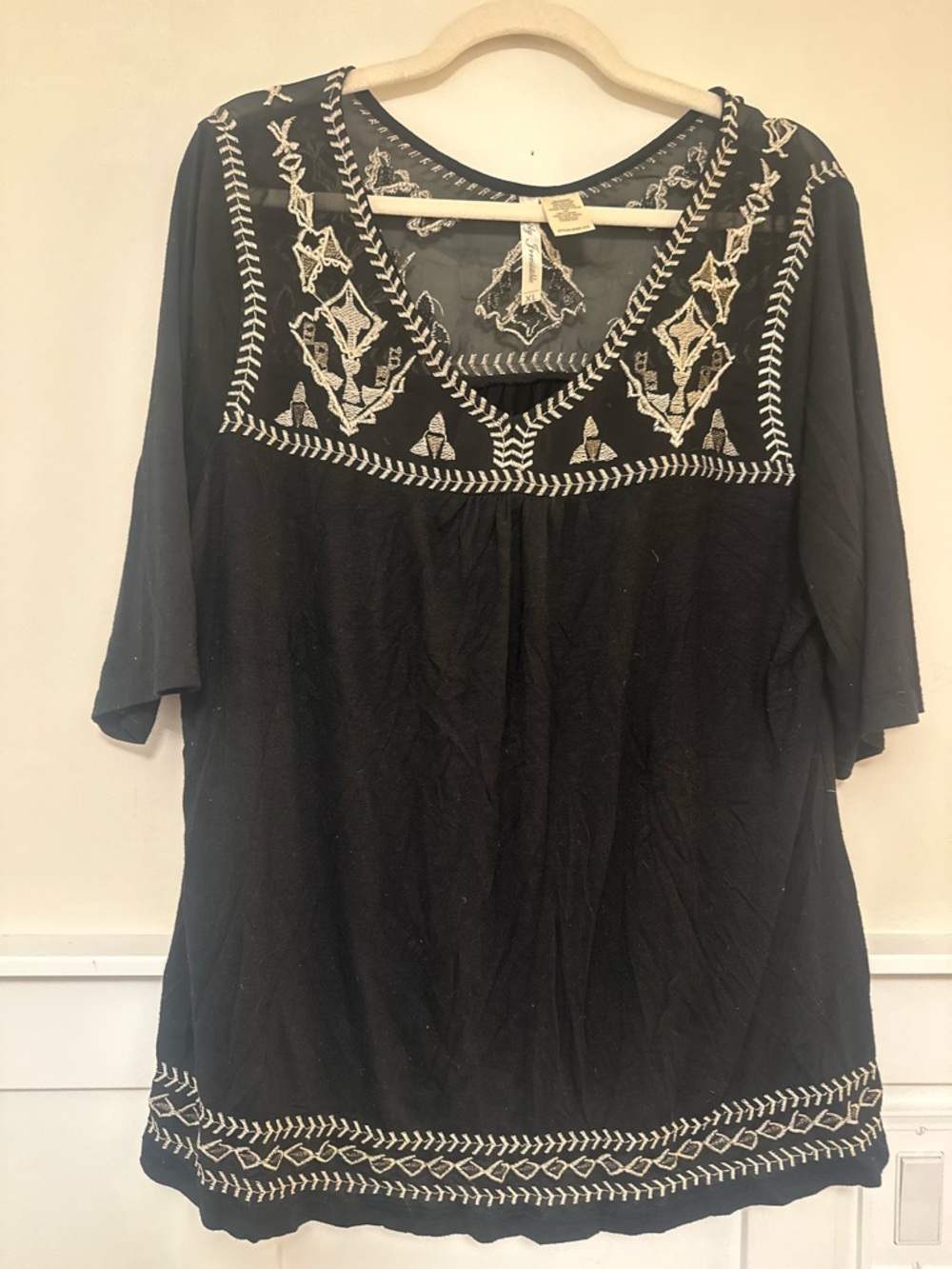 Black Tunic (sleeve to elbow) with Cream Embroidery